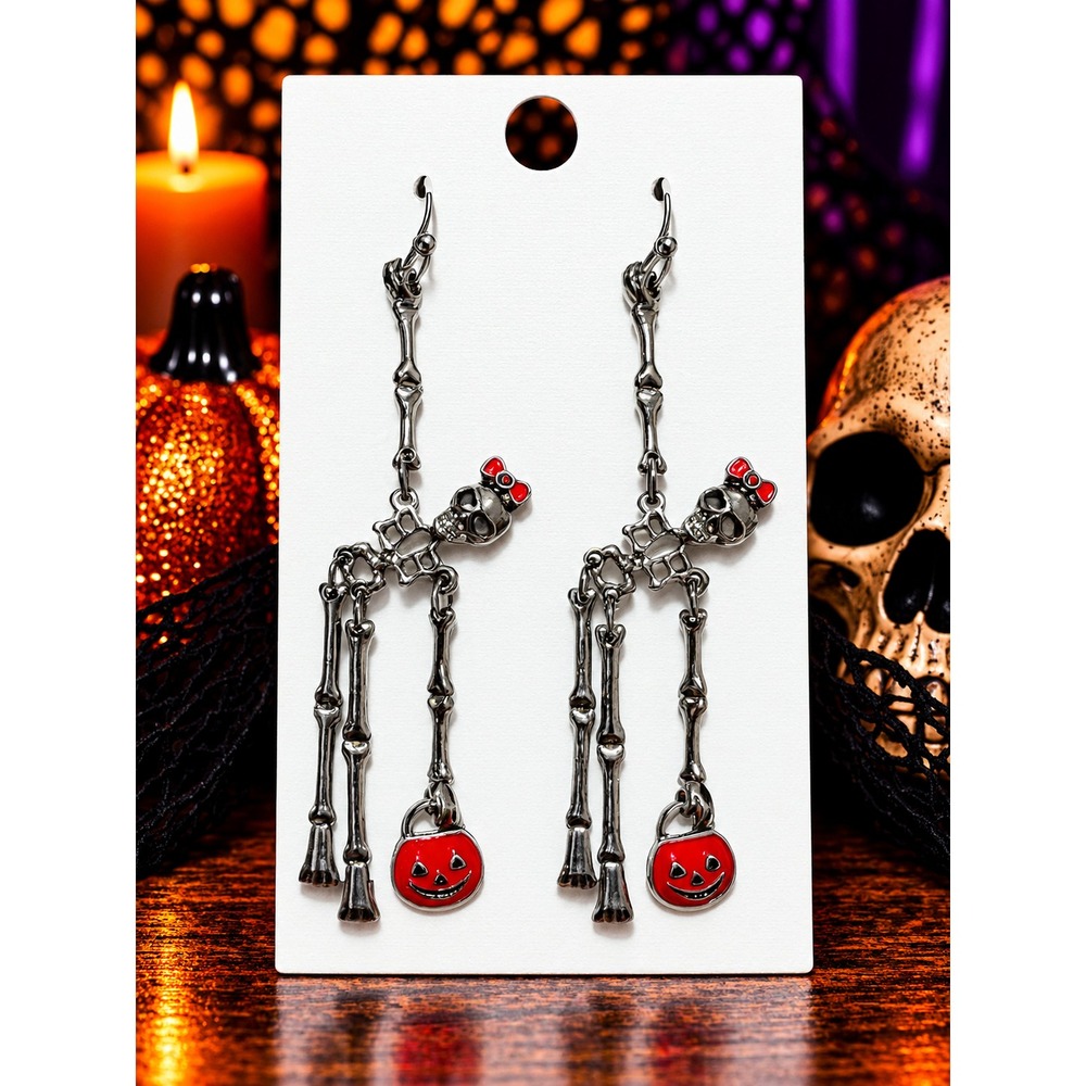Skeleton Earrings Pumpkin Bucket Halloween Dangle Earrings Red Bow Spooky